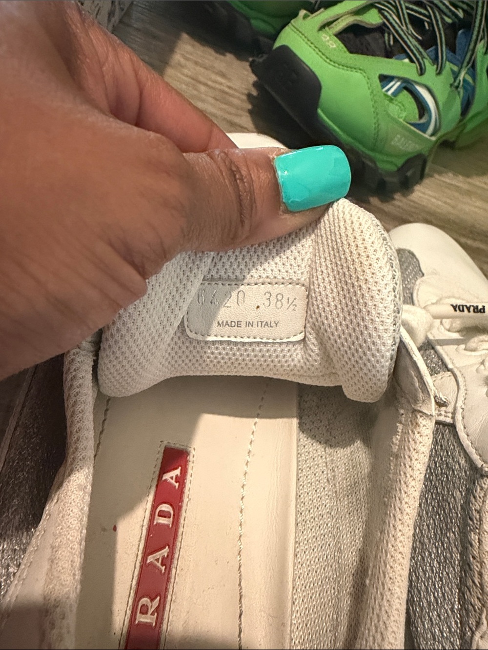 Authentic Prada White & Gray Mesh Leather Sneakers with Red Tongue Logo - Picture 4 of 5